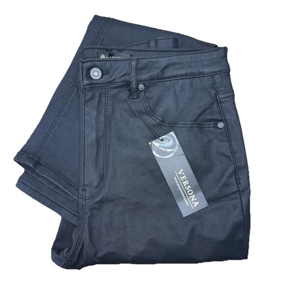 Womens Sz 8 Wax Coated Jeans Mid Rise Black Skinny Versona NWT Dressy Casual - Picture 1 of 9